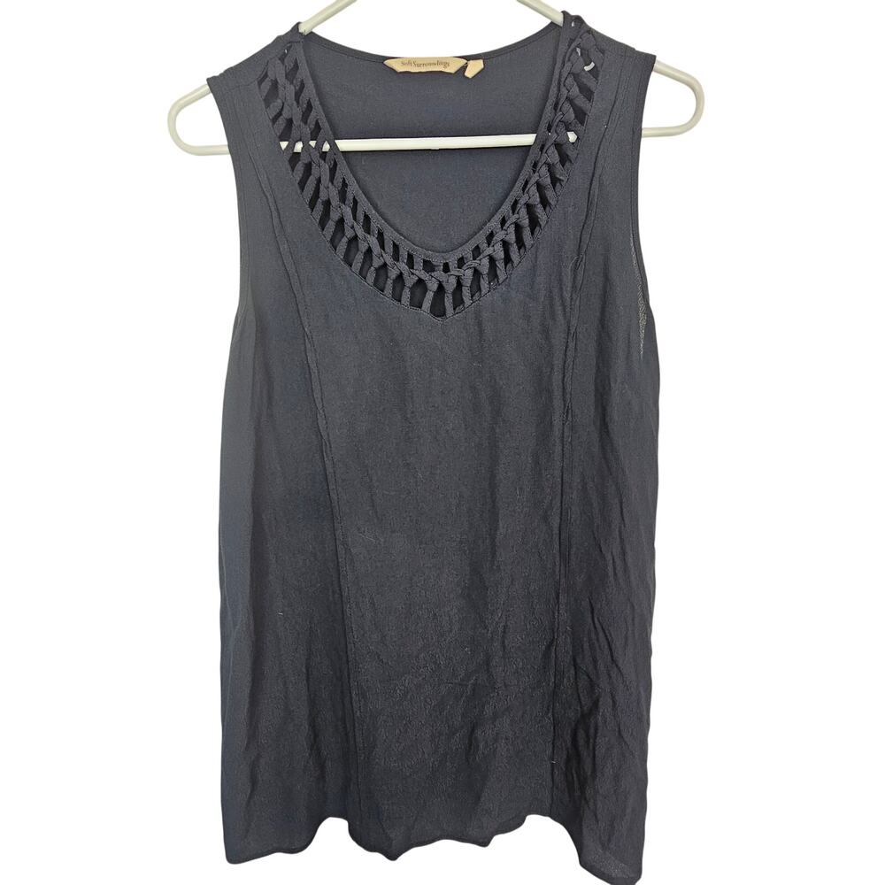 Soft Surroundings Womens Lattice Neck Tank Top S Navy Blue Boho Coastal Grandma